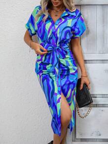 SHEIN VCAY 滿版印花蝙蝠袖腰帶襯衫洋裝 - 藍色 - 查看 3