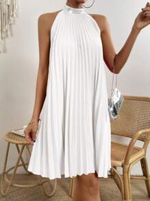 Breezaya Contrast Sequin Pleated Halter Neck Dress Vacation Beach Outfits Women