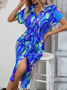 SHEIN VCAY 滿版印花蝙蝠袖腰帶襯衫洋裝 - 藍色 - 查看 5