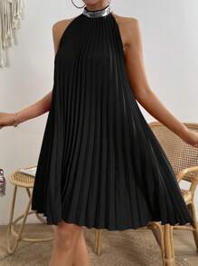 Breezaya 亮片拼接百褶繞頸連衣裙 - 黑色 - 查看 4