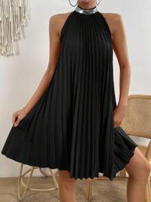 Breezaya 亮片拼接百褶繞頸連衣裙 - 黑色 - 查看 5