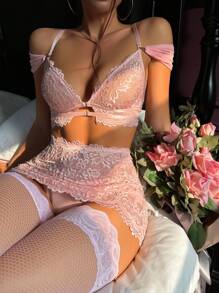 Classic Sexy Floral Lace Sheer Lingerie Set - Pink - View 3