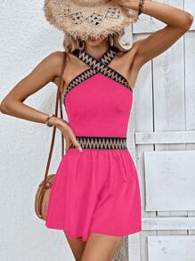 SHEIN VCAY Contrast Tape Backless Romper - Hot Pink - View 1