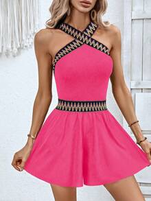 SHEIN VCAY Contrast Tape Backless Romper - Hot Pink - View 4