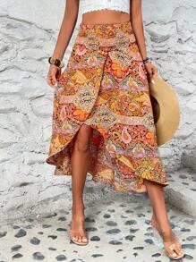 SHEIN LUNE 佩斯利印花圍裹下擺半身裙 - 彩色 - 查看 1