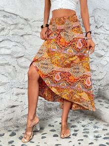 SHEIN LUNE 佩斯利印花圍裹下擺半身裙 - 彩色 - 查看 4