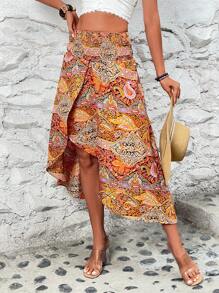 SHEIN LUNE 佩斯利印花圍裹下擺半身裙 - 彩色 - 查看 5