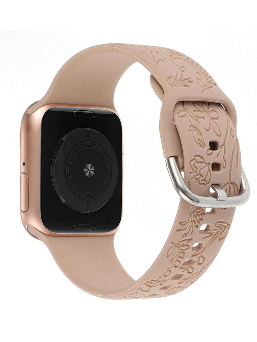 1入組花卉圖案雕刻矽膠錶帶適用於Apple Watch - 卡其色 - 查看 1