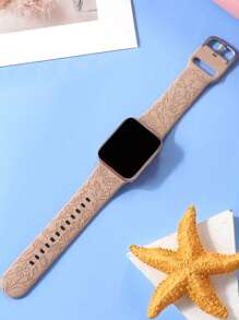 1入組花卉圖案雕刻矽膠錶帶適用於Apple Watch - 卡其色 - 查看 2