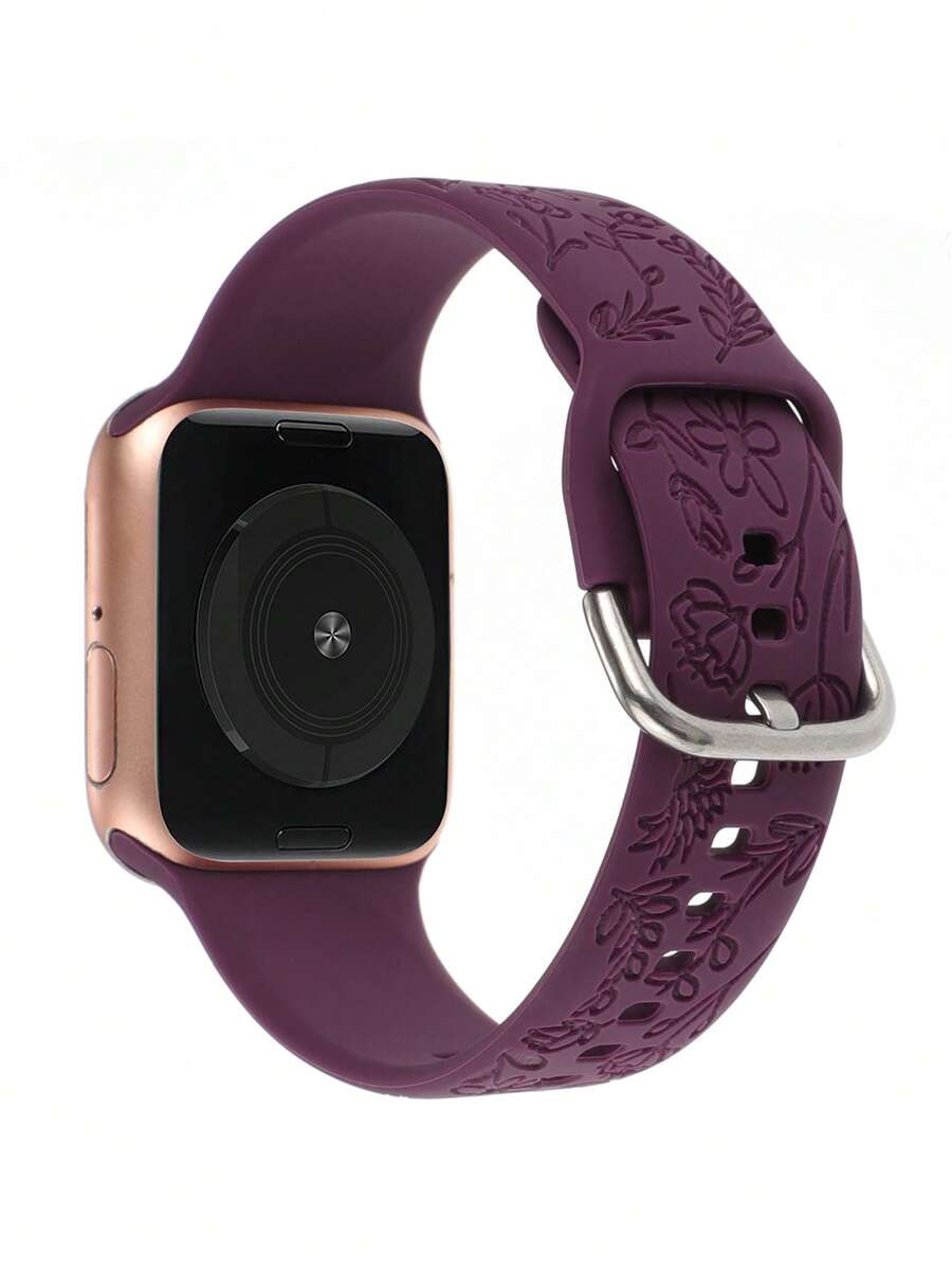 1入組花卉圖案雕刻矽膠錶帶適用於Apple Watch - 紫色 - 查看 1