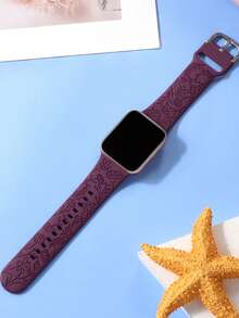 1入組花卉圖案雕刻矽膠錶帶適用於Apple Watch - 紫色 - 查看 2