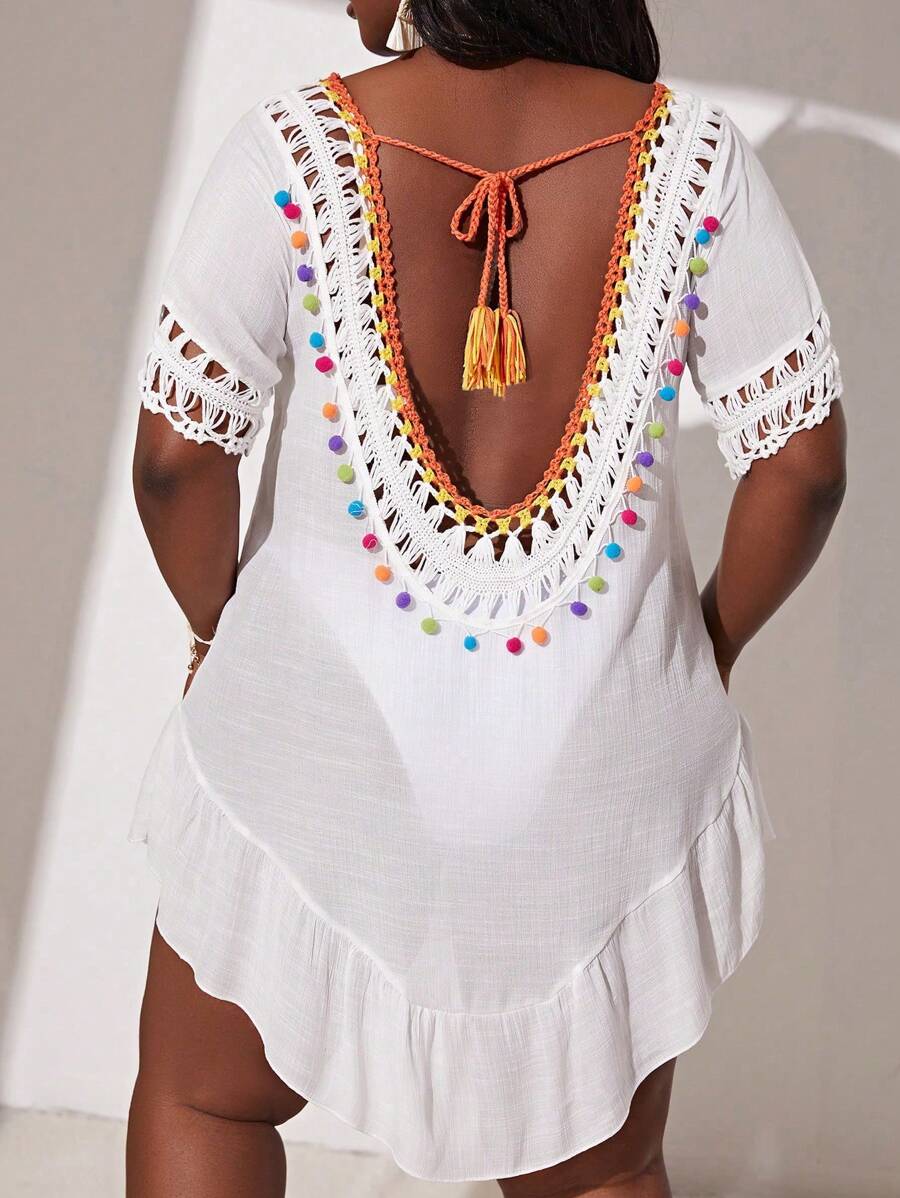 SHEIN Swim Curve Plus Crochet Detail Ruffle Hem Cover Up Dress - White - View 1