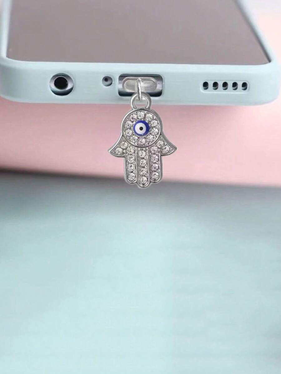 Rhinestone Hamsa Hand Design Phone Charger Port Dust Plug - Silver - View 1