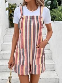 SHEIN LUNE Mono overol de rayas con doble bolsillo sin camiseta - Multicolor - Ver 4