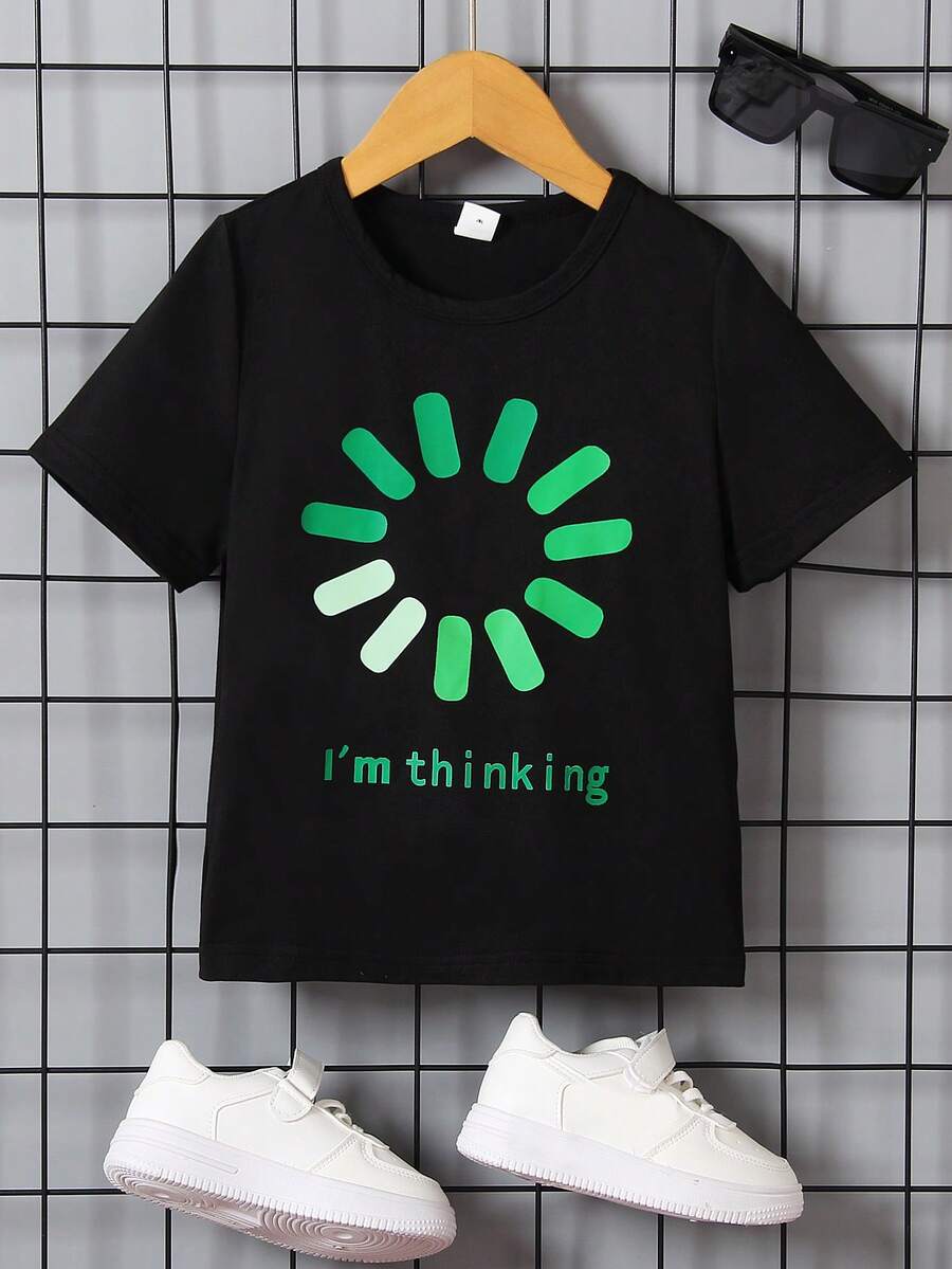 SHEIN 男童孩子們幾何T恤短袖休閒夏天黑色圖案孩子們服裝 - 黑色 - 查看 1