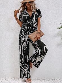 SHEIN LUNE 圖案印花蝙蝠袖襯衫&闊腿褲 - 彩色 - 查看 1