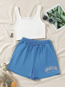 SHEIN Unity Bộ đồ hai mảnh nữ Dây kéo Túi Khối Màu Lá thư Giải trí - Màu xanh lam - Xem 1