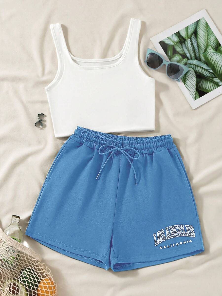 SHEIN Unity Bộ đồ hai mảnh nữ Dây kéo Túi Khối Màu Lá thư Giải trí - Màu xanh lam - Xem 1