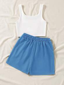 SHEIN Unity Bộ đồ hai mảnh nữ Dây kéo Túi Khối Màu Lá thư Giải trí - Màu xanh lam - Xem 2