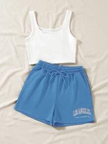 SHEIN Unity Bộ đồ hai mảnh nữ Dây kéo Túi Khối Màu Lá thư Giải trí - Màu xanh lam - Xem 3