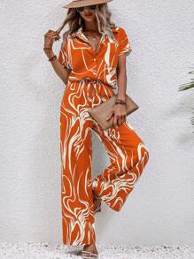 Breezaya 圖案印花蝙蝠袖襯衫&闊腿褲 - 橘色 - 查看 1