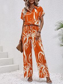 Breezaya 圖案印花蝙蝠袖襯衫&闊腿褲 - 橘色 - 查看 5