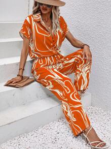 Breezaya 圖案印花蝙蝠袖襯衫&闊腿褲 - 橘色 - 查看 6