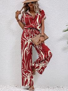 SHEIN LUNE Bộ đồ hai mảnh nữ Nút phía trước Đồ họa Giải trí - Màu Đỏ Sâu - Xem 1