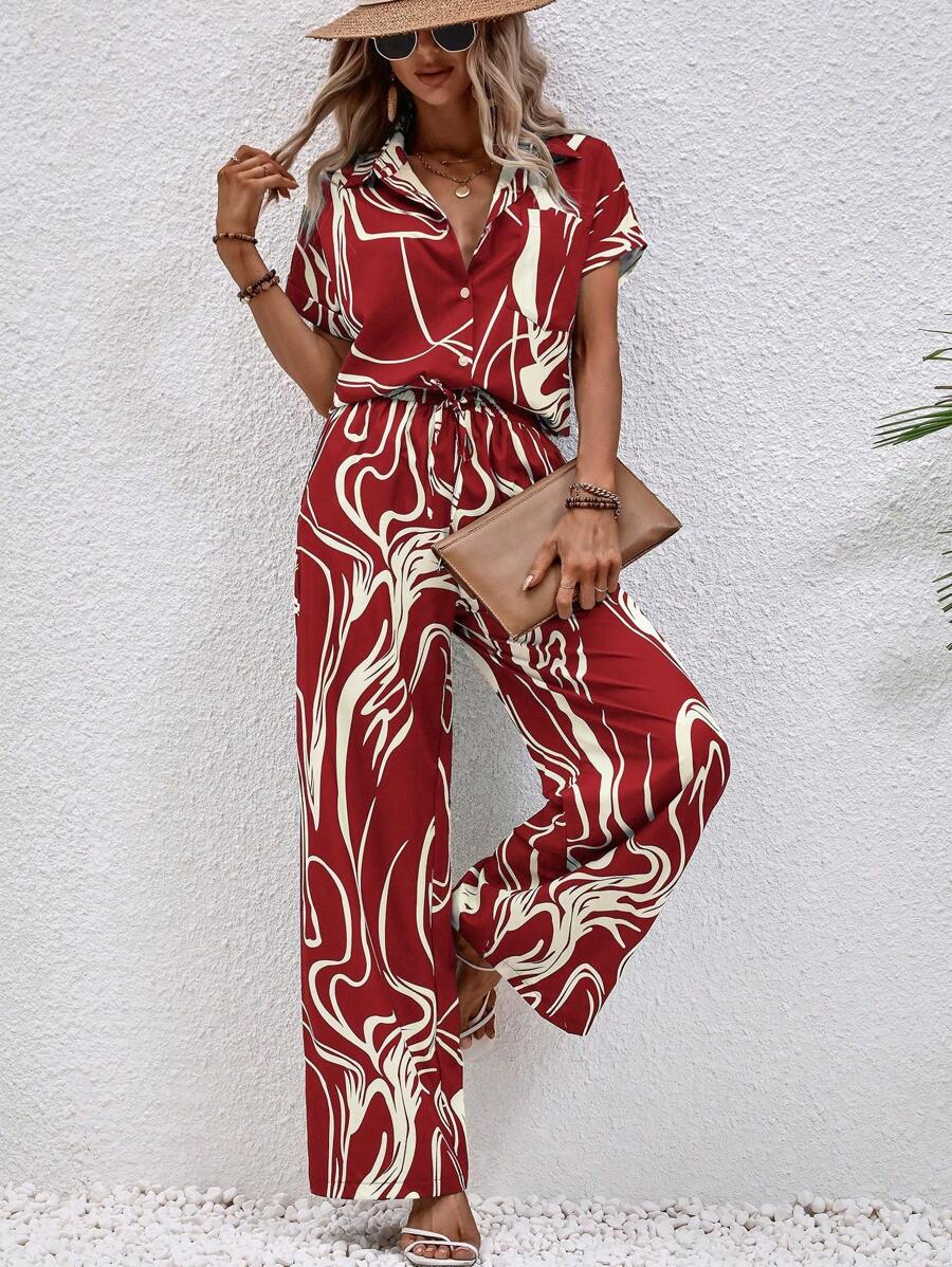 SHEIN LUNE Bộ đồ hai mảnh nữ Nút phía trước Đồ họa Giải trí - Màu Đỏ Sâu - Xem 1