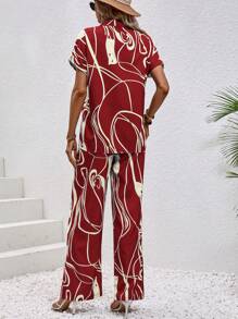 SHEIN LUNE Bộ đồ hai mảnh nữ Nút phía trước Đồ họa Giải trí - Màu Đỏ Sâu - Xem 2