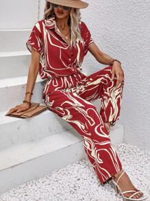 SHEIN LUNE Bộ đồ hai mảnh nữ Nút phía trước Đồ họa Giải trí - Màu Đỏ Sâu - Xem 4