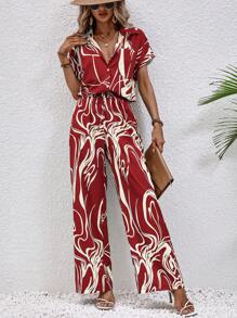 SHEIN LUNE Bộ đồ hai mảnh nữ Nút phía trước Đồ họa Giải trí - Màu Đỏ Sâu - Xem 5