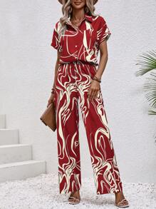 SHEIN LUNE Bộ đồ hai mảnh nữ Nút phía trước Đồ họa Giải trí - Màu Đỏ Sâu - Xem 6