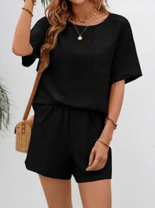 SHEIN LUNE Bộ đồ hai mảnh nữ Túi màu trơn Giải trí - màu đen - Xem 1