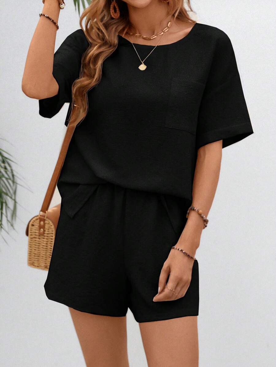 SHEIN LUNE Bộ đồ hai mảnh nữ Túi màu trơn Giải trí - màu đen - Xem 1