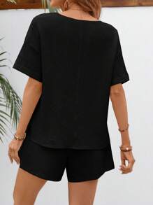 SHEIN LUNE Bộ đồ hai mảnh nữ Túi màu trơn Giải trí - màu đen - Xem 2