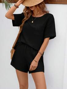 SHEIN LUNE Bộ đồ hai mảnh nữ Túi màu trơn Giải trí - màu đen - Xem 3