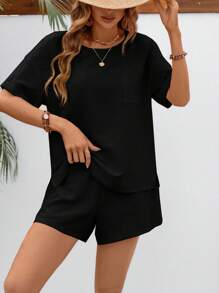 SHEIN LUNE Bộ đồ hai mảnh nữ Túi màu trơn Giải trí - màu đen - Xem 4