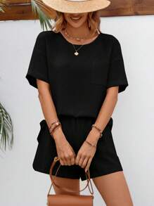 SHEIN LUNE Bộ đồ hai mảnh nữ Túi màu trơn Giải trí - màu đen - Xem 5