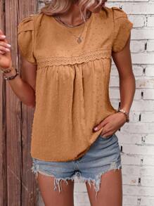 SHEIN LUNE 圓點拼接水溶蕾絲花瓣袖襯衫 - 卡其色 - 查看 3