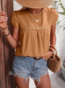 SHEIN LUNE 圓點拼接水溶蕾絲花瓣袖襯衫 - 卡其色 - 查看 5