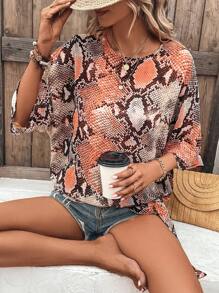 SHEIN LUNE Áo sơ mi nữ Thắt nút Cao thấp Snakeskin In In ngẫu nhiên Giải trí - Nhiều màu - Xem 6