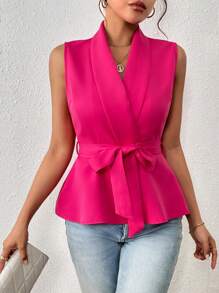 SHEIN LUNE 青果領腰帶馬甲西裝外套 - 玫紅色 - 查看 3