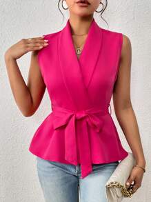 SHEIN LUNE 青果領腰帶馬甲西裝外套 - 玫紅色 - 查看 4