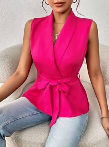 SHEIN LUNE 青果領腰帶馬甲西裝外套 - 玫紅色 - 查看 5