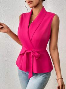 SHEIN LUNE 青果領腰帶馬甲西裝外套 - 玫紅色 - 查看 6