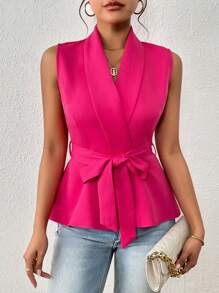 SHEIN LUNE 青果領腰帶馬甲西裝外套 - 玫紅色 - 查看 7