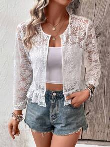 SHEIN LUNE Cazadora con encaje floral con parte delantera abierta bajo con fruncido - Blanco - Ver 1