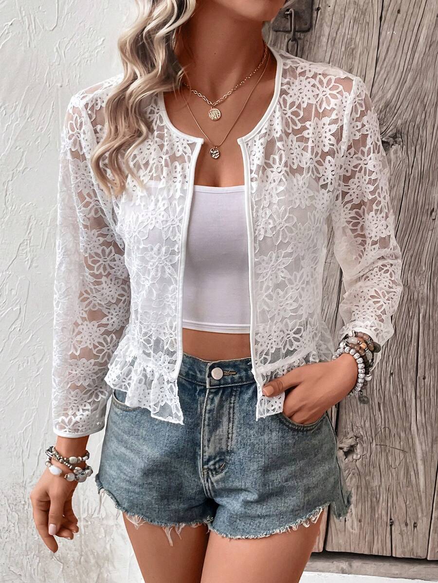 SHEIN LUNE Cazadora con encaje floral con parte delantera abierta bajo con fruncido - Blanco - Ver 1