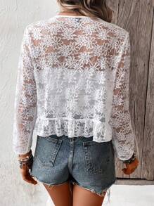 SHEIN LUNE Cazadora con encaje floral con parte delantera abierta bajo con fruncido - Blanco - Ver 2
